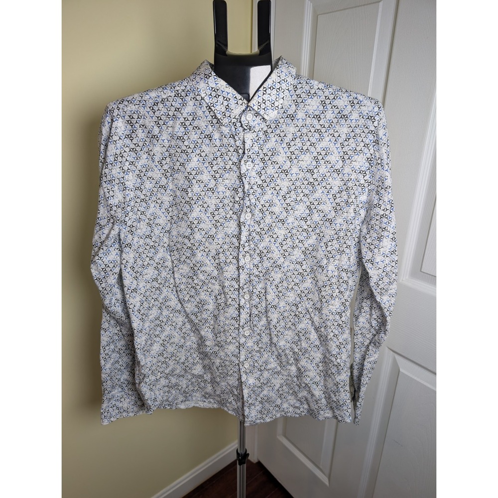 Robert Graham Button Down Mens Medium White Blue Geometric Linen Tailored Fit